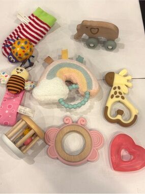 Baby Teether & Sensory Toy Lot | Wooden Rattles, Giraffe Teether, Crinkle Toys